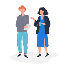 Two person talking on the office. Man with laptop