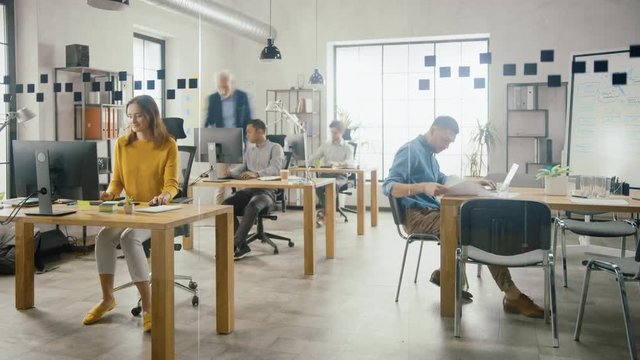 Time-Lapse In the Stylish Modern Office: Diverse Group of Enthusiastic Business Marketing Professionals Use Computers, Have Meetings, Discussing Project Ideas, Brainstorming Startup Company Strategy