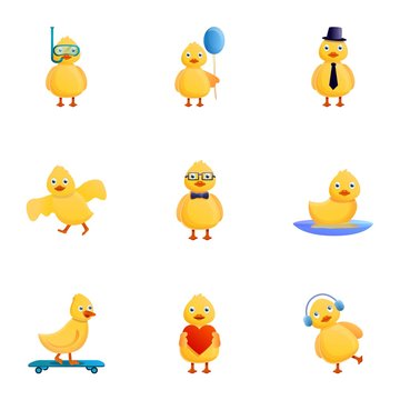 Little yellow duck icon set. Cartoon set of 9 little yellow duck vector icons for web design isolated on white background