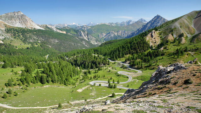 Panoramic view towards the Northern side of Izoard Pass, with a winding road, pine tree forests and mountain range covered with snow in the background, Queyras Natural Park, Southern Alps, France