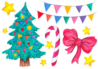 Set of watercolor Christmas elements. Christmas tree