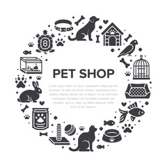 Pet shop vector circle banner with flat silhouette icons. Dog house, cat food, bird, rabbit, fish, animal paw, bowl illustrations. Signs for veterinary poster isolated on white background