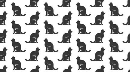 Cats vector seamless pattern with flat icons. Black sitting kitten silhouette on white color background, animal wallpaper for veterinary clinic, pet shop