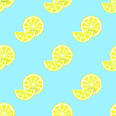 Ripe juicy tropical lemon background. Vector card illustration. Closely spaced fresh citrus yellow lemon fruit peeled, piece of half, slice. Seamless pattern for packaging design healthy food diet