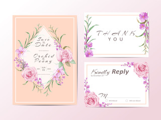 Romantic floral wedding invitation cards template. Watercolor flowers frame geometric shape