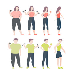 Fototapeta premium From fat to fit concept. Woman and man with obesity