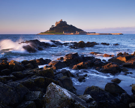 Winter dawn looking at St. Michael's Mount in Marazion, Cornwall