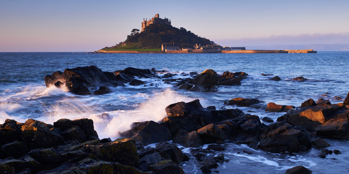 Winter dawn looking at St. Michael's Mount in Marazion, Cornwall