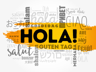 Hola (Hello Greeting in Spanish) word cloud in different languages of the world