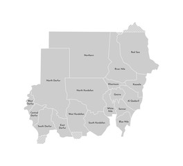 Fototapeta premium Vector isolated illustration of simplified administrative map of Sudan. Borders and names of the provinces (regions). Grey silhouettes. White outline