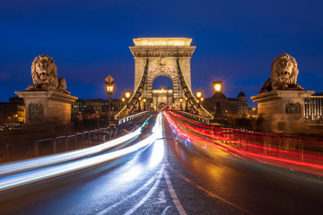 The Chain Bridge with traffic light trails, Budapest, Hungary