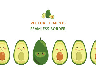 Seamless border of vector smiling avocado characters isolated on a white background. Whole and cut in half avocado with pit. Endless horizontal brush. Kawaii style