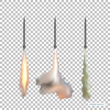 Isolated image of rockets. Missile launch. Jet weapon in realistic style. Planes bomb with smoke way. Vector illustration