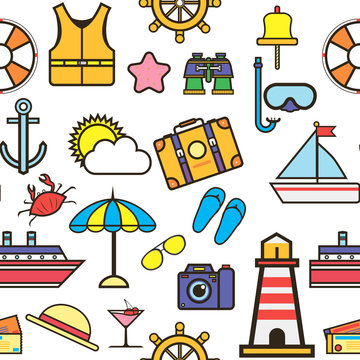 Summer items vacation and holidays seamless pattern traveling and tourism