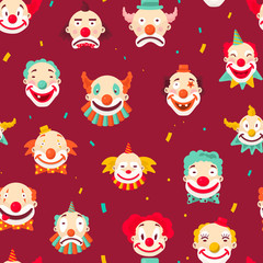 Circus clowns faces seamless pattern jokers with makeup