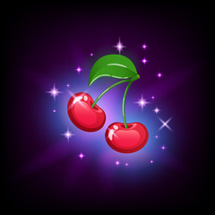 Bright red cherry with green leaf and sparkles, slot icon for online casino or logo for mobile game on dark purple background, vector illustration.