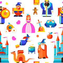 Fairy tale characters seamless pattern kingdom and magic