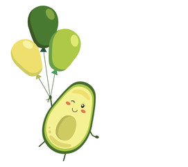 Vector illustration. Smiling, winking avocado character with balloons isolated on white background. Positive banner, poster, backdrop in kawaii style for advertising, decoration,greeting card template