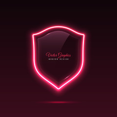 Glass banner shape shield. Transparent billboard with neon lights. Vector illustration.
