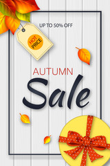 Autumn sale banner with realistic fall leaves and gift box on white wooden background. Vector illustration