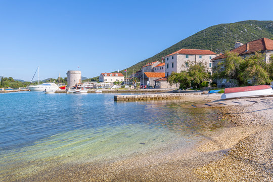 View of small harbour boats and restaurants in Mali Ston, Dubrovnik Riviera, Croatia