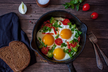 Fried eggs with vegetables, Breakfast