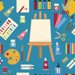 Art painting tools and equipment seamless pattern easel and paint