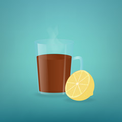 Vector illustration with mug of tea and lemon. Template for banner, article about health, card or flyer, promotion or for design packaging.
