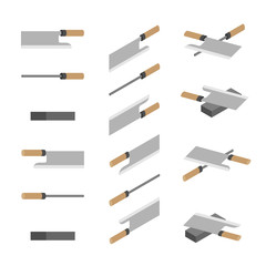 Japanese or Chinese Knives, whetstone and sharpener 3D isometric, Sharpen Kitchen knife utensils concept poster and banner design illustration isolated on white background with space, vector eps 10