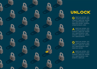 Lock and key 3D isometric pattern, Password unlock concept poster and banner horizontal design illustration isolated on blue background with copy space, vector eps 10