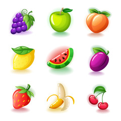 Set of colorful fruits - Glossy cherries, grapes, half-peeled banana, ripe strawberries, lemon, plum, watermelon, peach and green apple fruit icons isolated on white vector