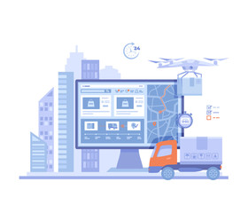Online Express Delivery Service , Order Tracking. Truck, monitor with delivery site, map, city background, quadcopter courier, postal drone, parcel boxes. Vector illustration on white background.