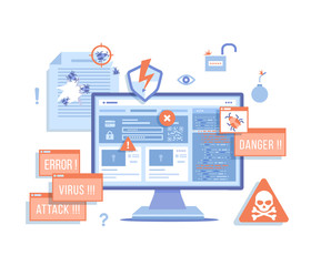 Computer Viruses Attack, Errors detected, Warning signs, Stealing data. Monitor with hacking virus alert messages, bugs, notifications, bomb, open lock, infected files. Vector illustration on white