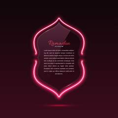 Glass banner arabic style. Transparent billboard with neon lights. Vector illustration.