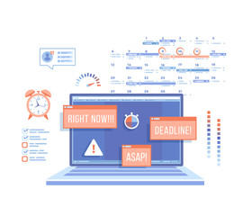 Deadline, Asap, Time limit and control. Laptop with pop-up Attention signs, notifications, messages on the screen, red alarm clock, planning calendar, stopwatch, exclamation mark, loading bar. Vector 