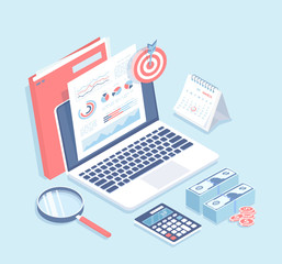 Auditing, analysis, accounting, calculation, analytics. Documents with charts graphs on the laptop screen, folder, magnifying glass, calculator, calendar, piles of money, coins. Isometric 3d vector 