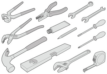 Construction tool collection - vector isometric outline illustration