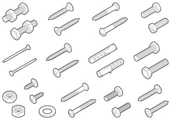 Fotobehang Screws / nuts / nails and wall plugs collection - vector isometric outline illustration © Hein Nouwens