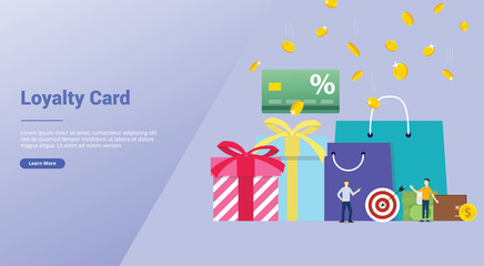 loyalty card bonus discount concept with team people and gift with modern flat style for website template landing homepage - vector