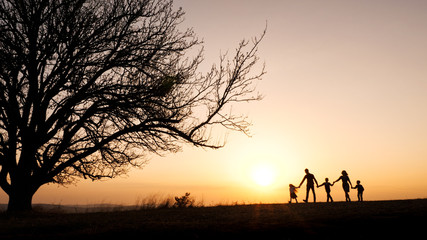 Silhouettes of happy family walking together in the meadow during sunset