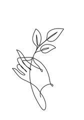 Hand holding leaves. Cotiniuous line drawing