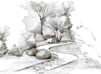 Park landscape design with trees and footpath, pencil drawn illustration © liniy