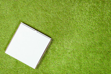 One white closed paper box of pizza on the grass. Concept. Top view. Copy space