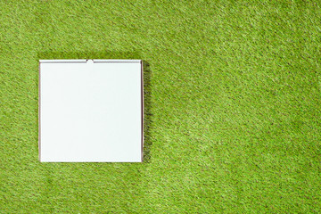 One white closed paper box of pizza on the grass. Concept. Top view. Copy space