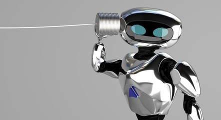 Robot with tin can phone,information,3d render