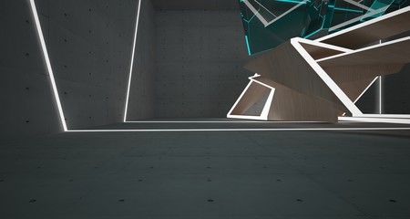 Abstract  concrete, glass and wood interior  with neon lighting. 3D illustration and rendering.