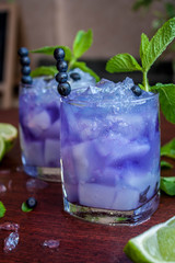 Refreshing cocktail with blueberries and mint, with ice