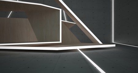 Abstract  concrete, glass and wood interior  with neon lighting. 3D illustration and rendering.