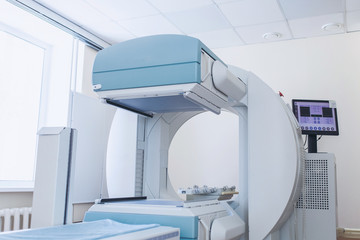 CT (Computed tomography) scanner in hospital laboratory. exam medical room scan. CMYK advertising...