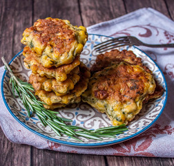 Corn pancakes on wooden background